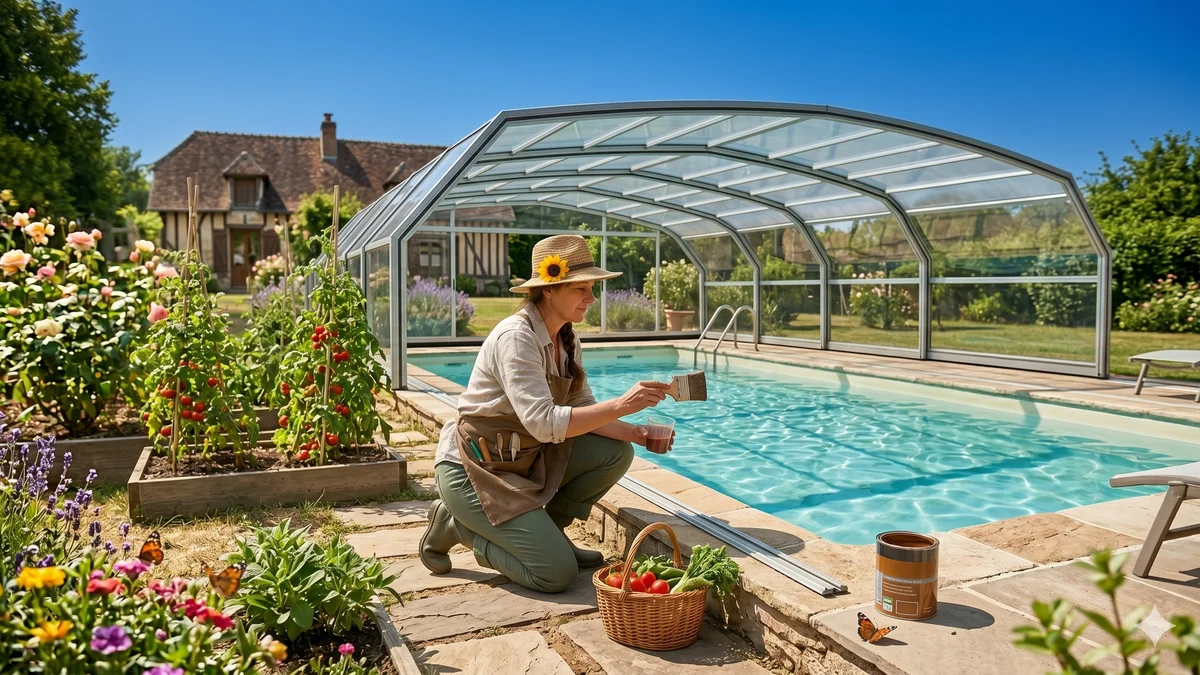 Femme au chapeau inspectant un abri piscine télescopique arrondi dans un jardin fleuri ensoleillé