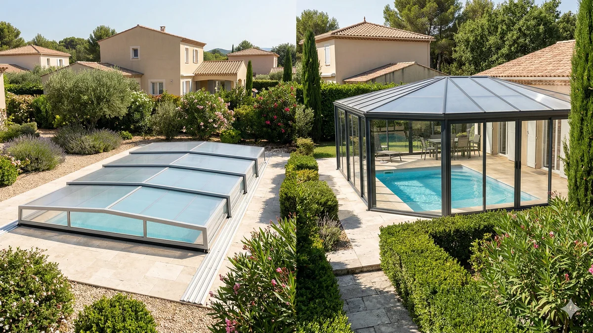 Comparatif abri de piscine bas et haut dans deux jardins résidentiels ensoleillés