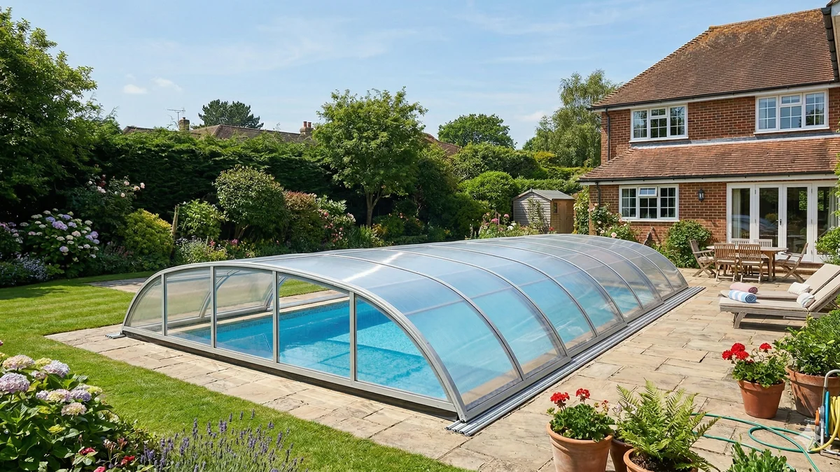 Abri de piscine bas en polycarbonate transparent sur une piscine rectangulaire dans un jardin