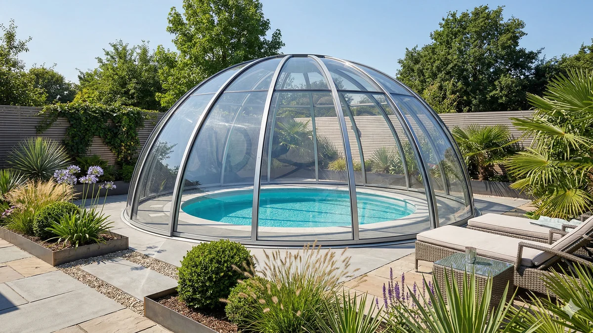 Abri de piscine en forme de dôme transparent sur une piscine ronde dans un jardin paysager