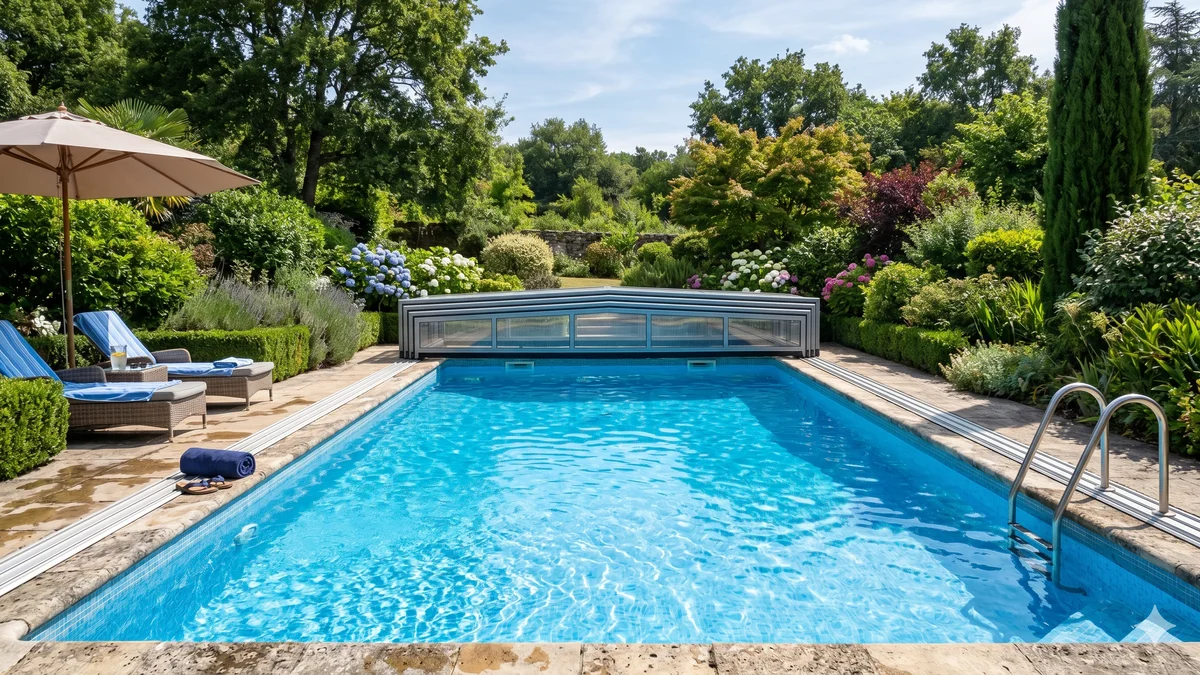 Piscine avec abri bas télescopique partiellement ouvert en été, eau bleue et jardin ensoleillé