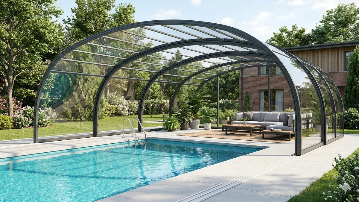Abri de piscine haut en aluminium et verre acrylique avec espace de vie autour du bassin