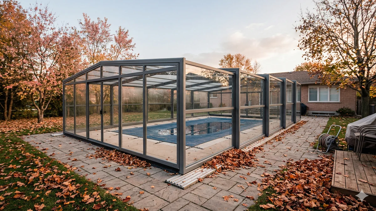 Abri de piscine fermé pour l'hiver dans un jardin avec des feuilles mortes autour