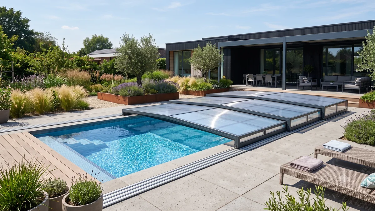 Abri de piscine plat coulissant en aluminium et polycarbonate sur une piscine rectangulaire dans un jardin moderne