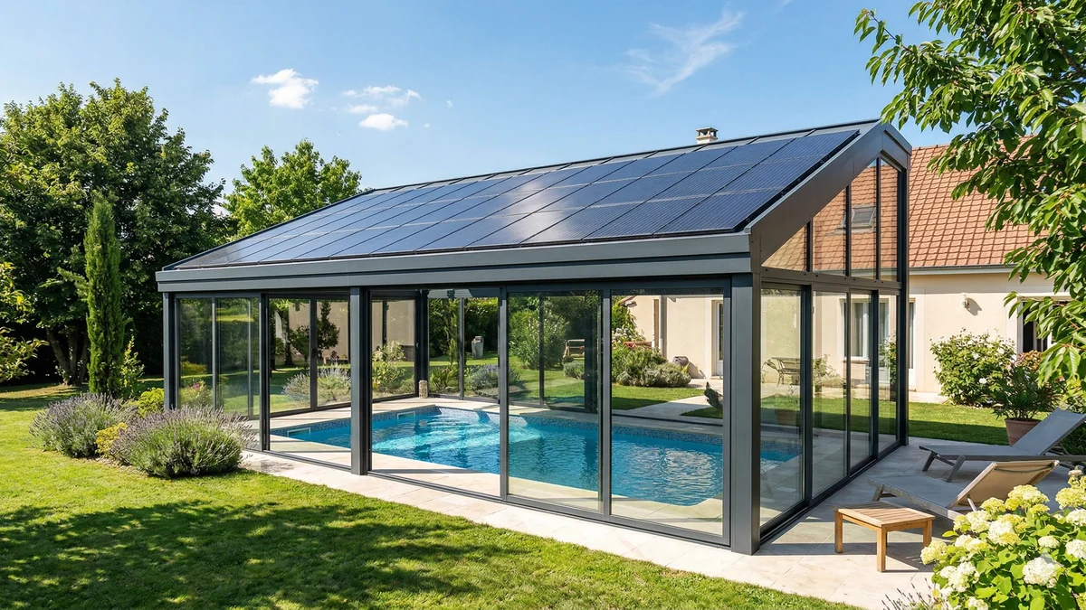 Abri de piscine haut avec panneaux solaires intégrés sur la toiture dans un jardin modern