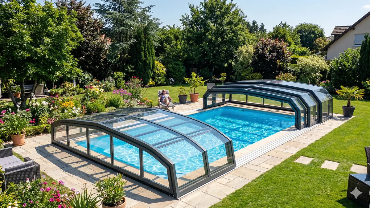 Abri de piscine télescopique en position mi-ouverte sur une grande piscine rectangulaire