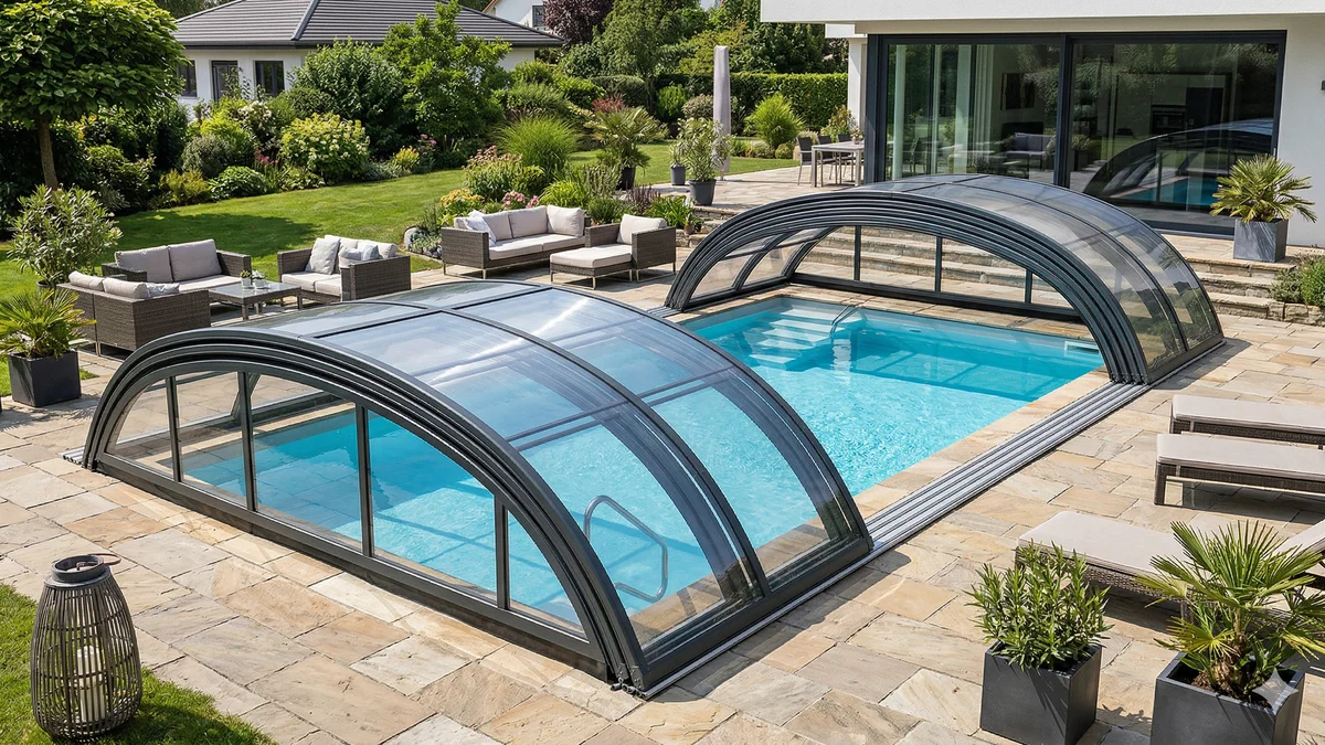 Abri de piscine en forme de voûte en aluminium et polycarbonate sur une piscine rectangulaire