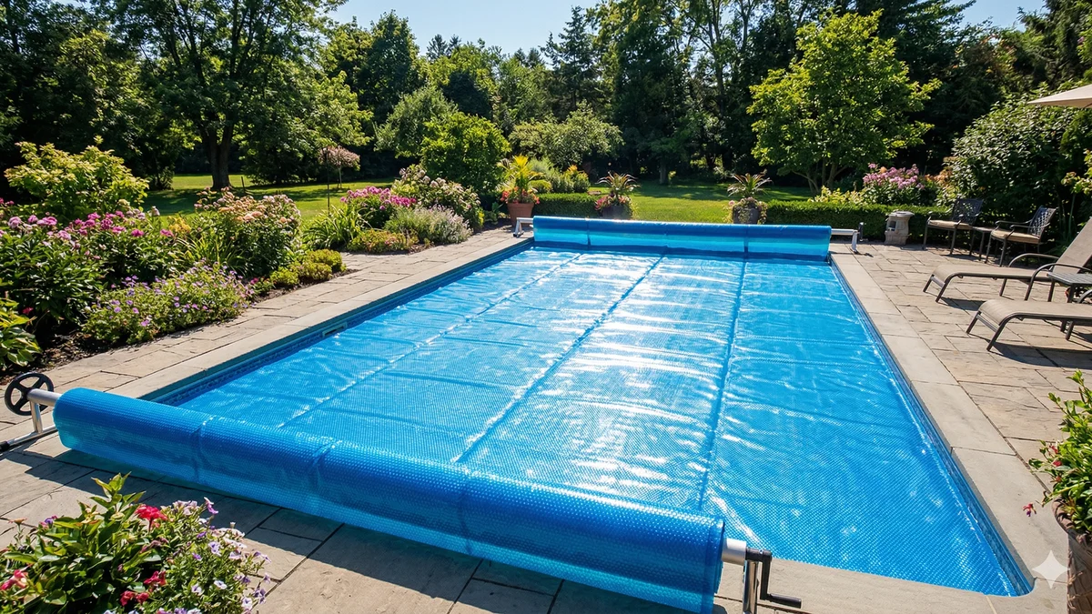 Couverture de piscine à bulles bleue déroulée sur une piscine rectangulaire au soleil