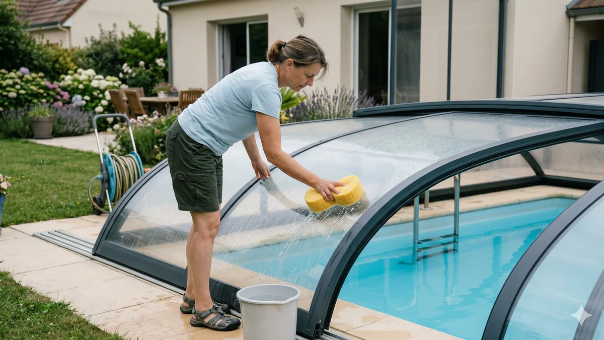 Nettoyage des panneaux en polycarbonate d'un abri de piscine avec une éponge douce