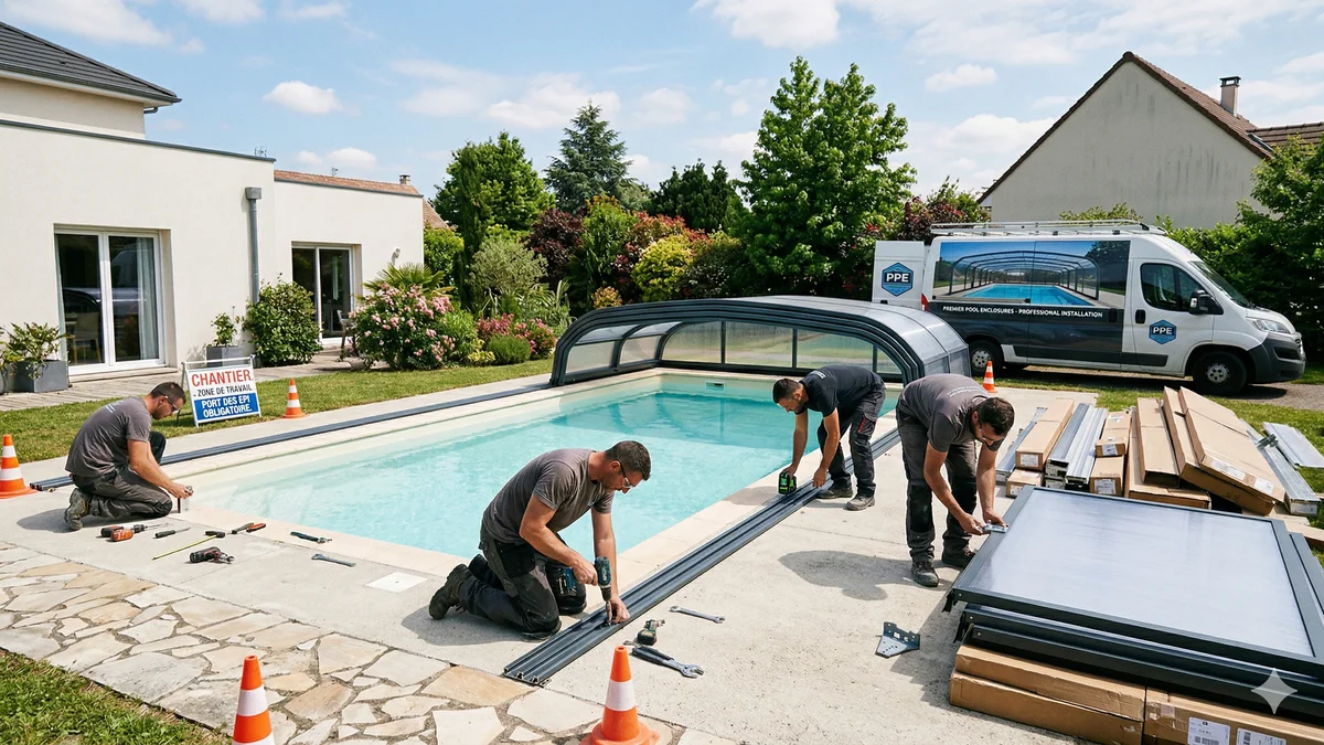 Pose des rails d'un abri de piscine télescopique autour d'une piscine