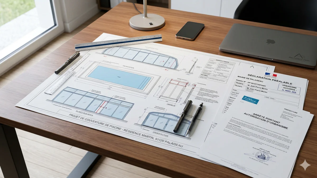 Plan d'architecte pour la construction d'un abri de piscine dans un jardin résidentiel