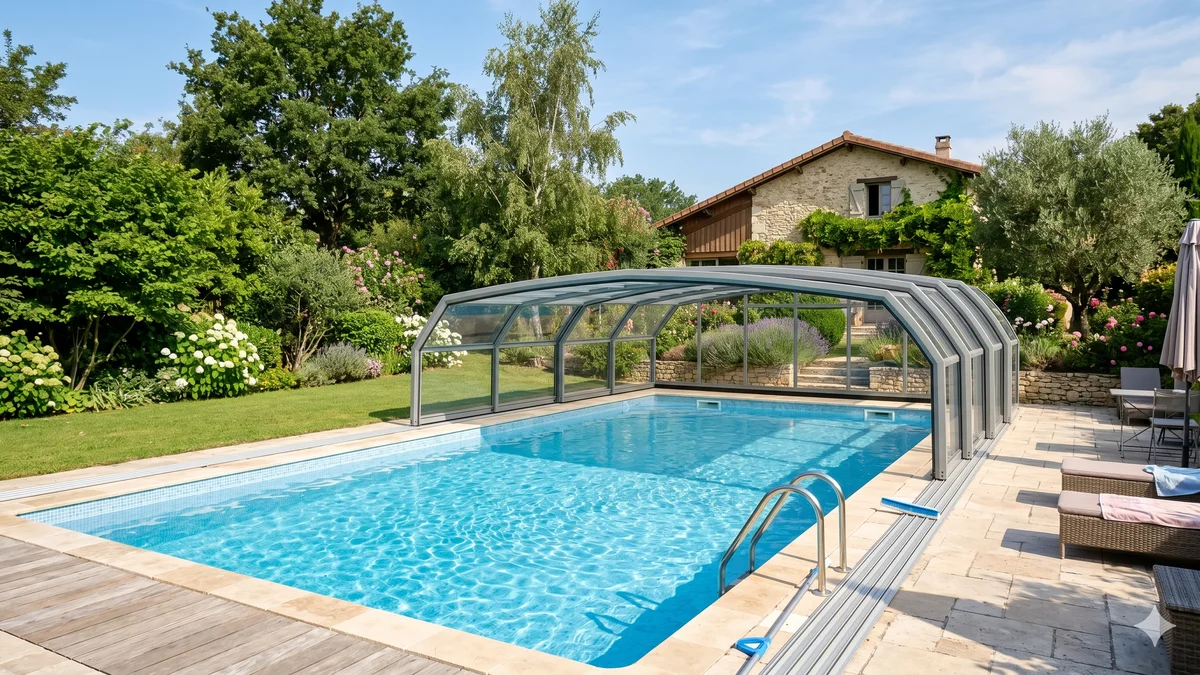 Abri de piscine télescopique aluminium sur grande piscine rectangulaire avec étiquette de prix symbolique